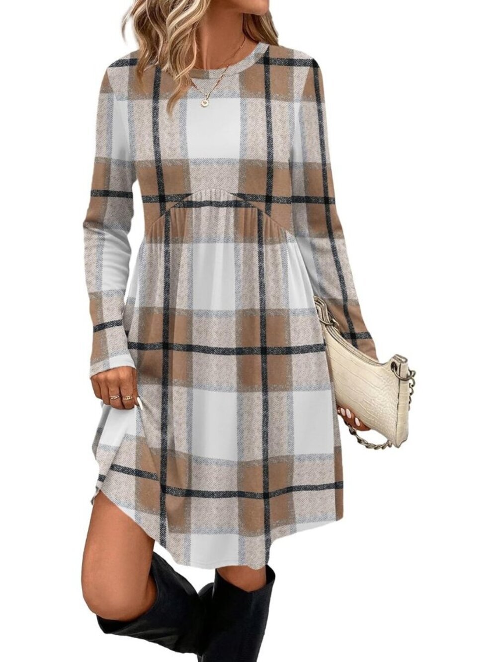 Women's Brown Palid Long Sleeve Comfort Crew Neck Empire Waist Tunic Mini Dress